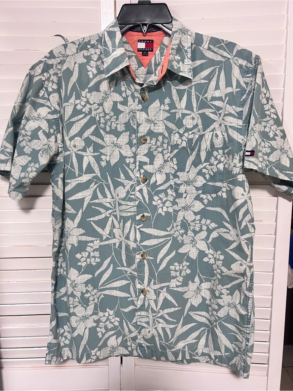 Tommy Hilfiger Mens Sage Green Floral Short-Sleeve Button-Down 100% Cotton Shirt